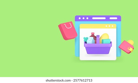 Grocery online shopping store internet purchase banner copy space vector illustration. Supermarket market groceries shop computer browser website purchasing payment e business merchandise technology