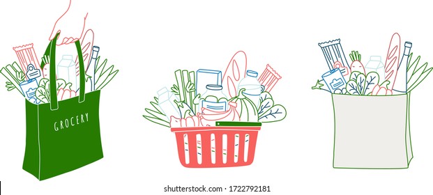 Grocery order. Goods from online shop. Hands holding bag of food, basket, paper bag. Vector illustration doodles, thin line art sketch style concept