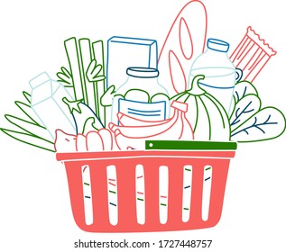 Grocery order. Goods from online shop. Basket of food. Vector illustration doodles, thin line art sketch style concept