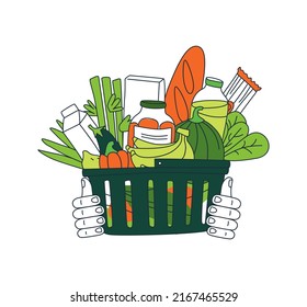 Grocery order. Goods from online shop. Basket of food. Vector illustration doodles, thin line art sketch style concept