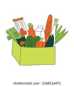 Grocery order. Goods from online shop. Basket of food. Vector illustration doodles, thin line art sketch style concept