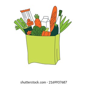 Grocery order. Goods from online shop. Basket of food. Vector illustration doodles, thin line art sketch style concept