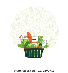 Grocery order. Goods from online shop. Basket of food. Vector illustration doodles, thin line art sketch style concept