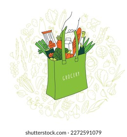 Grocery order. Goods from online shop. Hands holding bag of food. Vector illustration doodles, thin line art sketch style concept