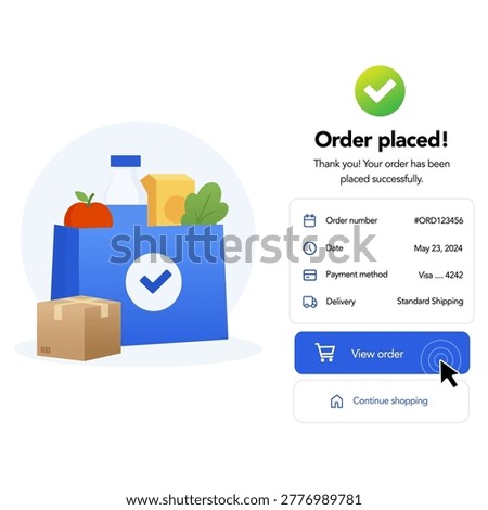 Grocery order placed success confirmation screen. vector illustration