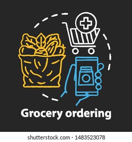 Grocery ordering chalk concept icon. Online shopping, home food delivery application idea. Express courier service. Trolley, smartphone and vegetables package vector isolated chalkboard illustration