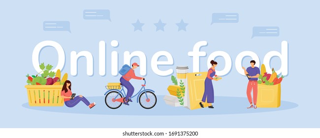 Grocery ordering and delivery word concepts flat color vector banner. Online food typography with tiny cartoon characters. Products order mobile app, courier service creative illustration