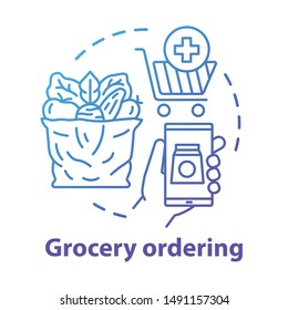 Grocery Ordering Service Concept Icon. Transportation Business, Home Food Delivery Idea Thin Line Illustration. Shopping Cart, Smartphone And Vegetables Package Vector Isolated Outline Drawing