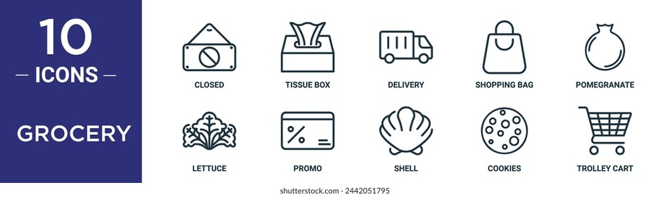 grocery outline icon set includes thin line closed, tissue box, delivery, shopping bag, pomegranate, lettuce, promo icons for report, presentation, diagram, web design