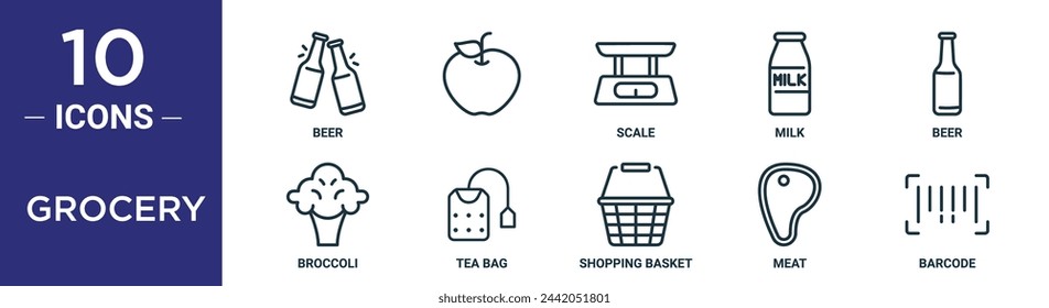 grocery outline icon set includes thin line beer,  , scale, milk, beer, broccoli, tea bag icons for report, presentation, diagram, web design