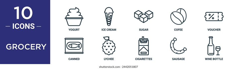 grocery outline icon set includes thin line yogurt, ice cream, sugar, cofee, voucher, canned, lychee icons for report, presentation, diagram, web design