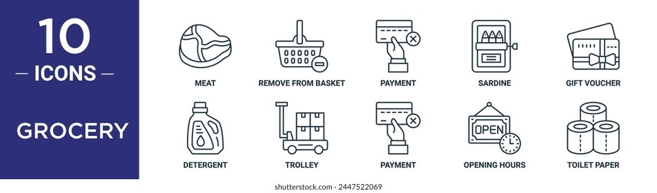 conjunto de iconos de contorno de la tienda de comestibles incluye la línea delgada de la carne, quitar de la cesta, pago, sardina, vale de regalo, detergente, iconos del carro para el informe, presentación, diagrama, Diseño web