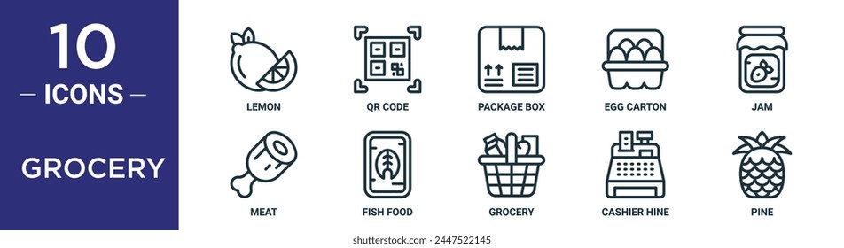 Lebensmittelumriss-Icon-Set enthält dünne Linie Zitrone, QR-Code, Paket-Box, Eierkarton, Marmelade, Fleisch, Fisch Lebensmittel Icons für Bericht, Präsentation, Diagramm, Webdesign