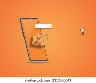 grocery package box from smartphone app. online shopping concept