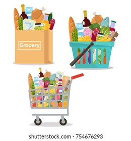 Grocery in a paper bag, in a cart and shopping basket.