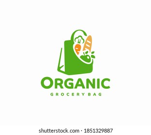 Grocery paper bag with food logo design.  Reusable produce bag with healthy vegan vegetarian food vector design. Shopping in the supermarket logotype