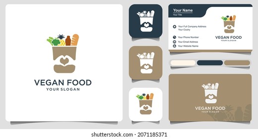 Grocery Paper Bag With Food Logo Design And Business Card. Reusable Product Bag With Healthy Vegan Vegan Food Vector Design.