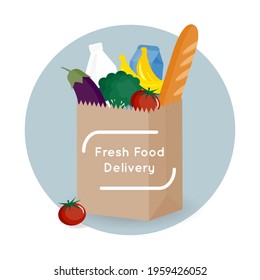 Grocery paper bag full of fresh and healthy food, vector. Food delivery background