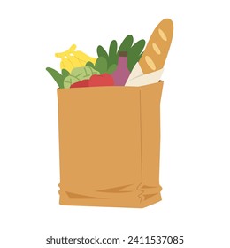 Grocery paper bag full of fruits, vegetables and food stuffs isolated on white background. Concept  of fresh market, retail shopping, supermarket. Flat vector illustration.