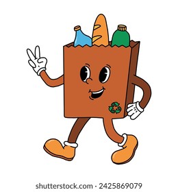 Grocery paper bag retro cartoon character, mascot for zero waste, earth day, pollution theme, environment day, ecological sustainability posters, prints, cards, banners, signs, stickers, etc. EPS 10