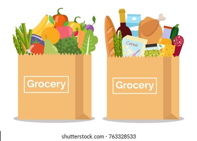Grocery in a paper bag and vegetables and fruits in paper bag. Vector illustration. Flat design.