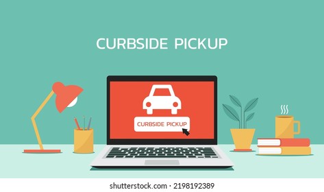 Grocery Pickup, Safe Shopping In Store, Order Online And Curbside Pick Up Without Leaving Car Concept, Flat Vector Illustration Service On Laptop Computer Screen