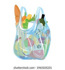 Grocery in a plastic bag. Vegetables milk, cheese and meat. Vector illustration. Flat design.