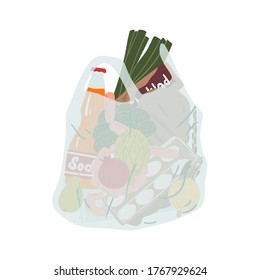 Grocery plastic package full of different food and drink vector flat illustration. Transparent disposable shopping bag with handles isolated on white. Pack for carrying products or purchases