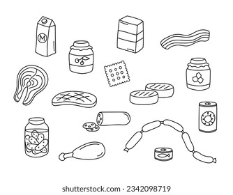 Grocery, preserves, semi finished, ready made and meat products vector doodles set. Food elements isolated black on white background. Hand drawn outline illustration of canned goods, sausages, beef. 