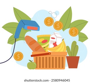 Grocery product scanning. Scanner near basket with products. Loaf, bananas and milk. Retail and marketing, commerce. Barcode reader near shopping cart. Flat vector illustration