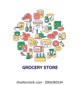 Grocery products abstract color concept layout with headline. Store food for sale. Dairy products. Supermarket creative idea. Isolated vector filled contour icons for web background