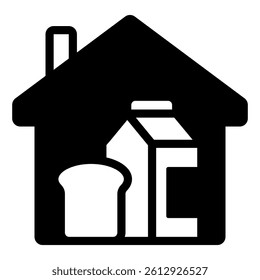 Grocery products at home solid icon, eat what you want concept. Vector graphics. House package bread, building with food sign on background, glyph style for mobile web
