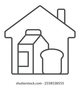 Grocery products at home thin line icon, eat what you want concept. Vector graphics. House package bread, building with food sign on white background, outline style icon for mobile or web