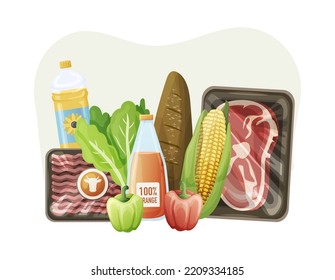 Productos para la compra de productos como carne, pan, verduras, hojas de lechuga. Comida diaria fresca nutritiva orgánica saludable. Productos de cocina, vectores de dibujos animados de productos de supermercado