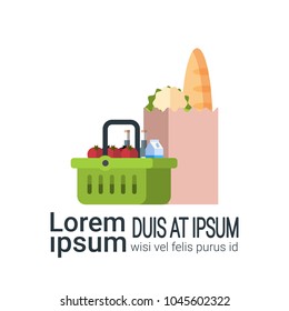 Grocery Products Package Paper Bag And Shopping Basket Isolated On Background With Copy Space Flat Vector Illustration