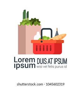 Grocery Products In Paper Bag And Shopping Basket Isolated On White Background With Copy Space Flat Vector Illustration