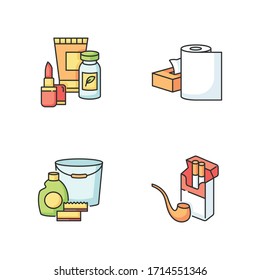 Grocery products RGB color icons set. Beauty items. Food supplements in pills for health. Paper products. Disposable towel roll. Cleaning supplies. Tobacco, cigarettes. Isolated vector illustrations