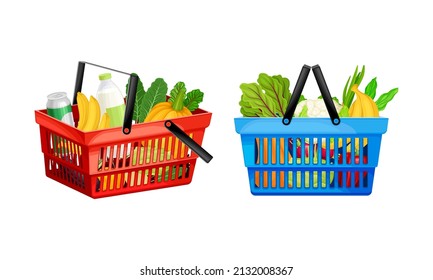 Grocery products in shopping baskets set. Organic vegetarian food vector illustration