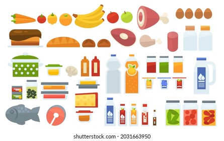 Lebensmittelprodukte Vielfalt von Lebensmitteln und Mahlzeiten, Sortiment von Gemüse und Gebäck, Fleisch und süße Getränke. Saft und Banane, Croissant und Fischlachs, Rindfleisch und Schweinefleisch. Vektorgrafik im Flachstil