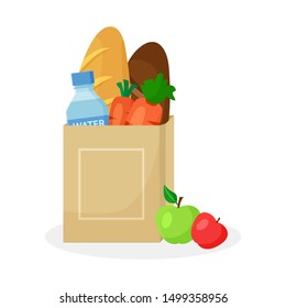 Grocery purchase. Paper package with products. Wheat and rye bread loaf, carrots, bottle of water and apples. Vector illustration