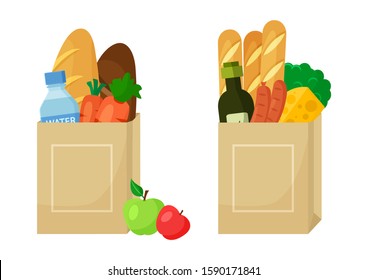 Grocery purchase set. Food shop. Paper package with products. Vector illustration