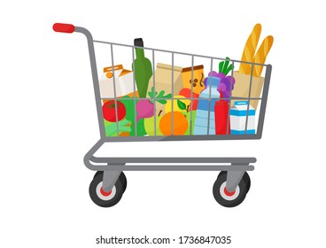 Grocery purchase. Shopping trolley cart full products. Foods and drinks, vegetables and fruits. Vector illustration