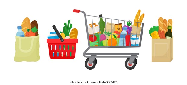 Lebensmittelkauf, Vektorset. Textilbeutel, Warenkorb und Trolley, Papierverpackung mit Produkten. Lebensmittel und Getränke, Gemüse und Obst. Supermarkt-Illustration