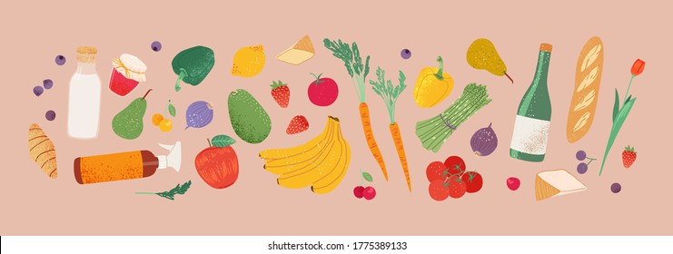 Grocery purchases, natural food, organic fruits and vegetable from the local store, market, farm. Department store goods illustration banner. Healthy eating print. Strawberry, onion, cheese, wine.