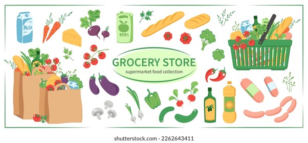 Grocery purchases set, paper  bags with products, food basket. Grocery store. Supermarket food collection. Vector Illustration
