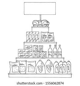 Grocery pyramid shelves graphic black white isolated sketch food store illustration vector