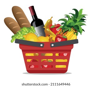 Grocery red basket with fruits and wine on a white background. Wind illustration.