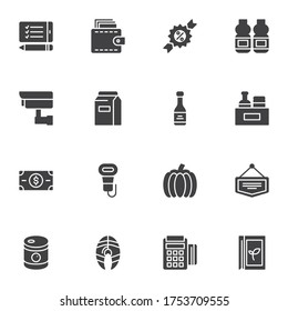 Grocery related vector icons set, modern solid symbol collection, filled style pictogram pack. Signs, logo illustration. Set includes icons as sale sticker, discount label, vegetable, seafood, payment