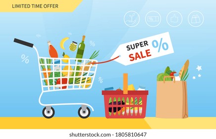 Grocery Sale concept with trolley, basket and brown packet full of food below a discount tag, colored vector illustration