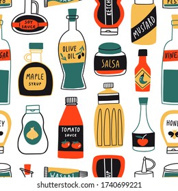 Matter sin costura. Iconos de salsa plana. Aceite de oliva, miel, wasabi, vinagre, ketchup, mostaza, mayonesa, ketchup de tomate, chile caliente, botellas de soja. Vestido de ensalada. Textura vectorial de los alimentos. Estilo de esbozo